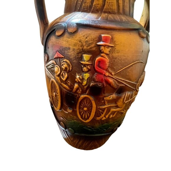 Vintage Norleans 3D Pottery Vase Double Handle Urn Horse Drawn Carriage 8" READ - Picture 2 of 7